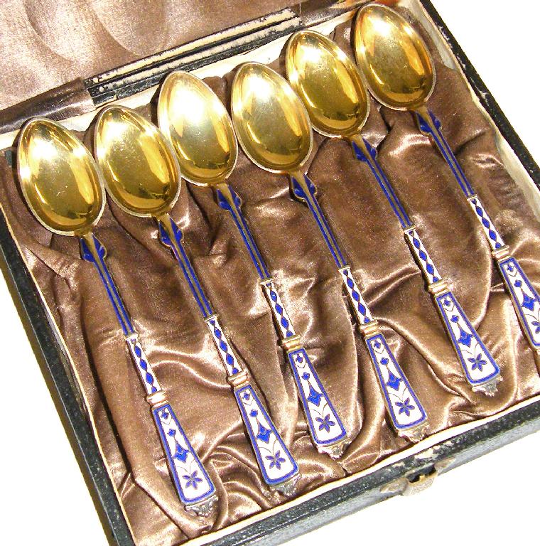 Appraisal: Set of six silver gilt and blue enamel teaspoons by