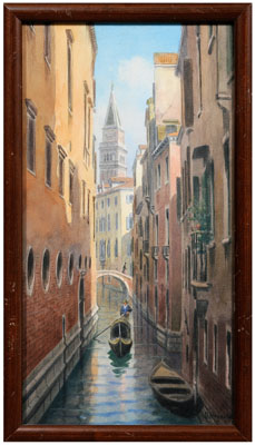 Appraisal: Umberto Ongania watercolor Venetian canal with gondolier signed lower right