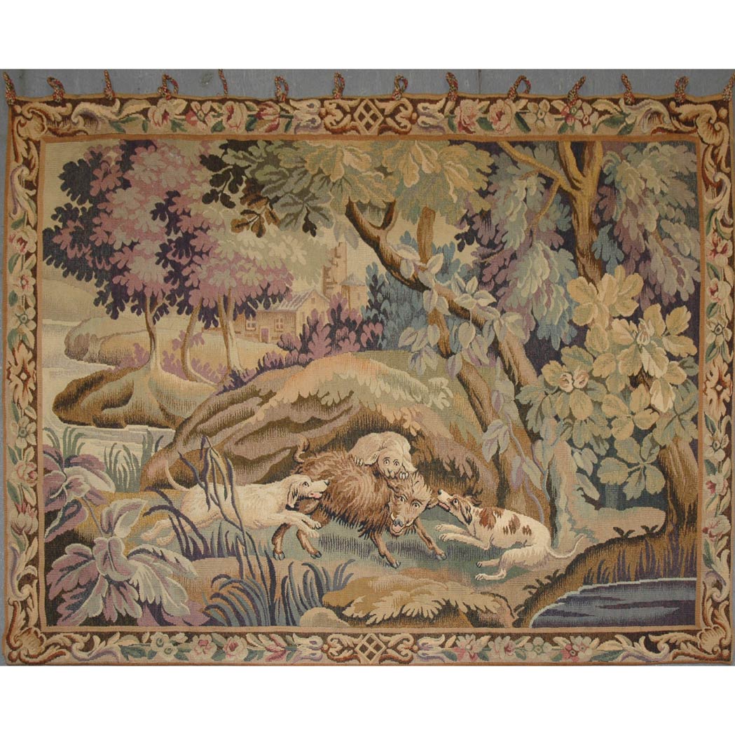 Appraisal: Machine-Made Jacquard Tapestry Continental th century Three dogs attacking a