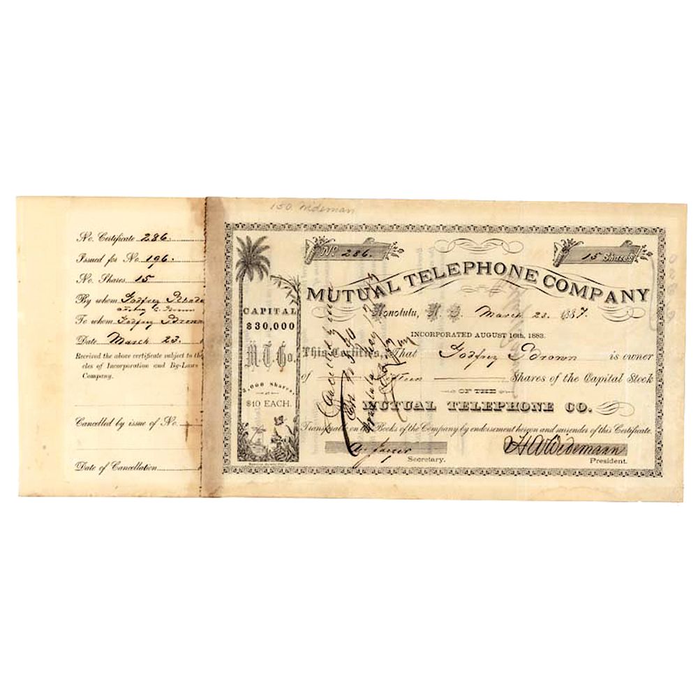 Appraisal: Early Date Mutual Telephone Company of Hawaii Historic Stock Certificate