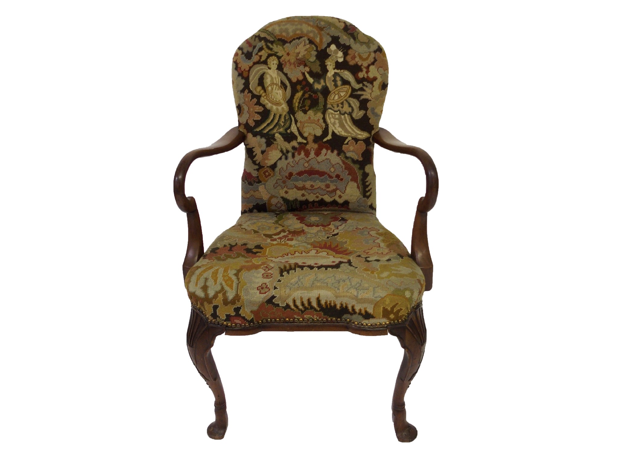 Appraisal: A George I style walnut crook armchairthe needlework wool covers