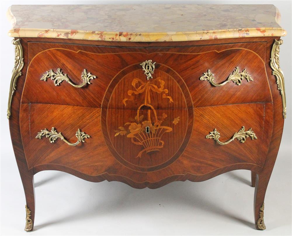 Appraisal: LOUIS XV STYLE MARBLE TOPPED MARQUETRY BOMBE TWO DRAWER COMMODE