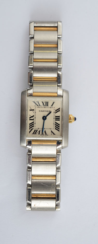 Appraisal: LADY'S TANK FRAN AISE STAINLESS STEEL AND GOLD WRISTWATCH CARTIER