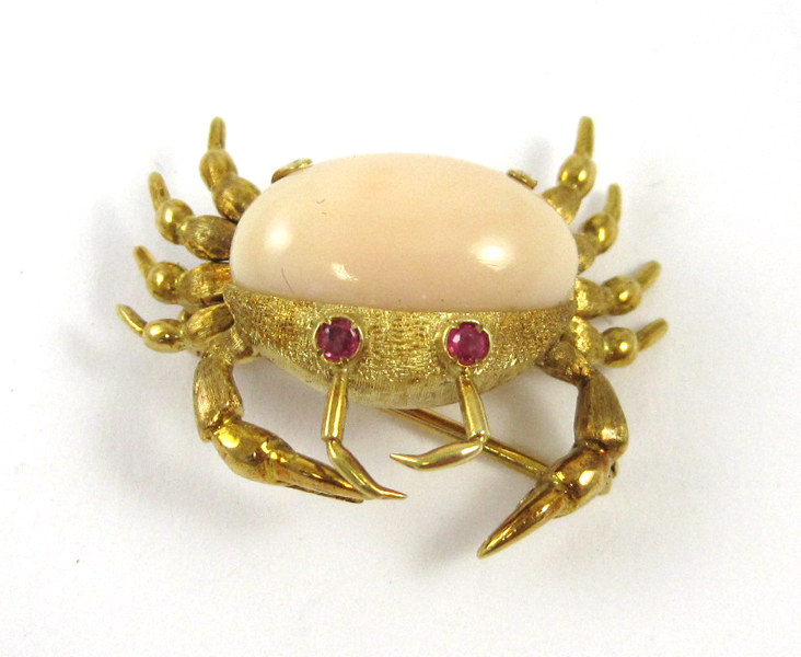 Appraisal: CORAL RUBY AND EIGHTEEN KARAT GOLD CRAB BROOCH set with