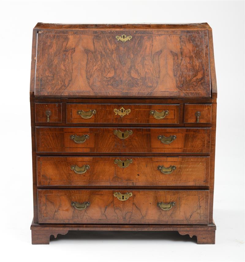 Appraisal: QUEEN ANNE INLAID WALNUT VENEERED SLANT-FRONT DESK The slant flap