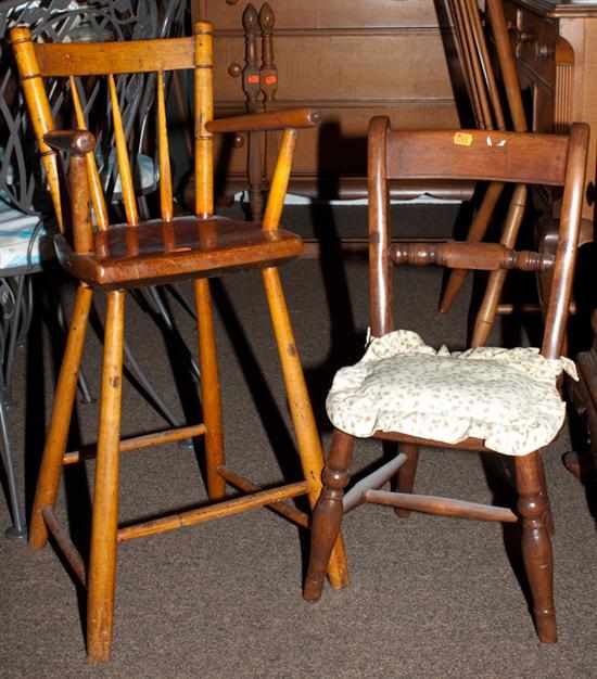 Appraisal: Windsor style plank-seat highchair altered and a doll-size plank-seat Windsor