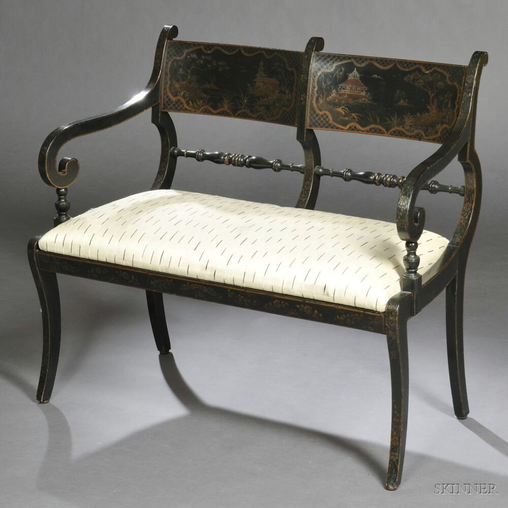 Appraisal: Regency-style Japanned Settee early th century two toprails decorated with