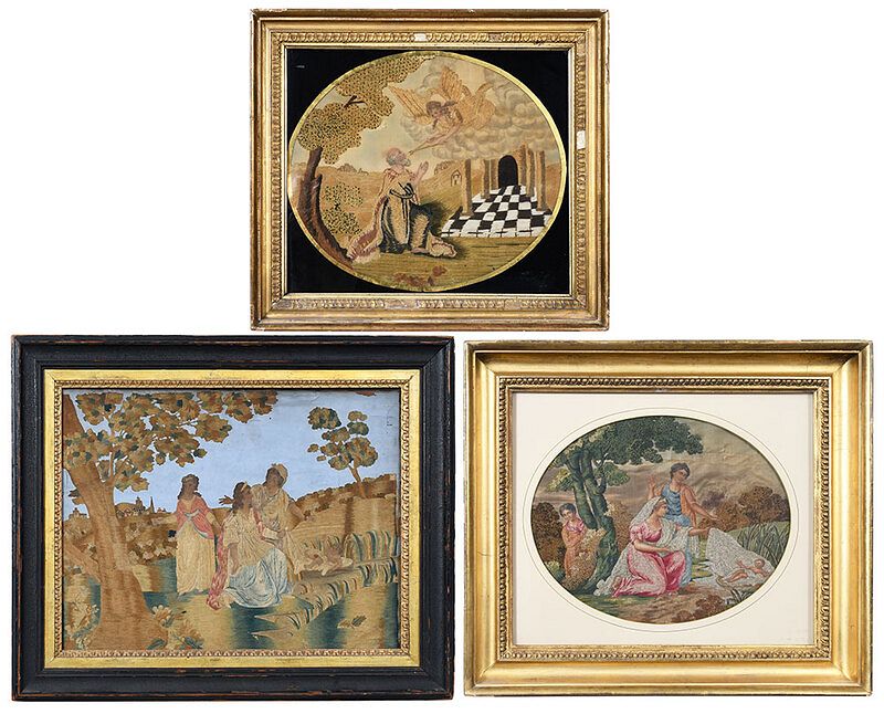 Appraisal: Three Biblical Silk and Watercolor Embroideries three Biblical scenes probably