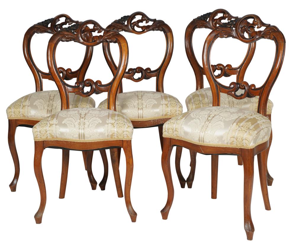 Appraisal: FIVE VICTORIAN WALNUT BALLOON BACK SIDE CHAIRSeach with a damask-upholstered