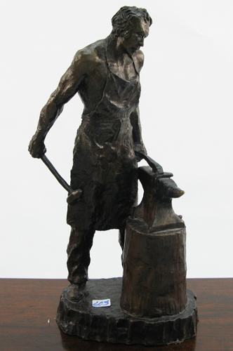 Appraisal: SOLID BRONZE FIGURE depicting a blacksmith working at a forge