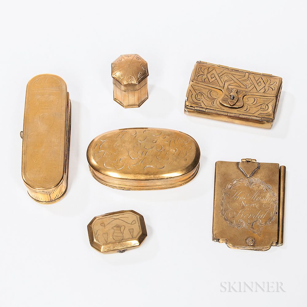 Appraisal: Five Brass Boxes and Notebook Five Brass Boxes and Notebook