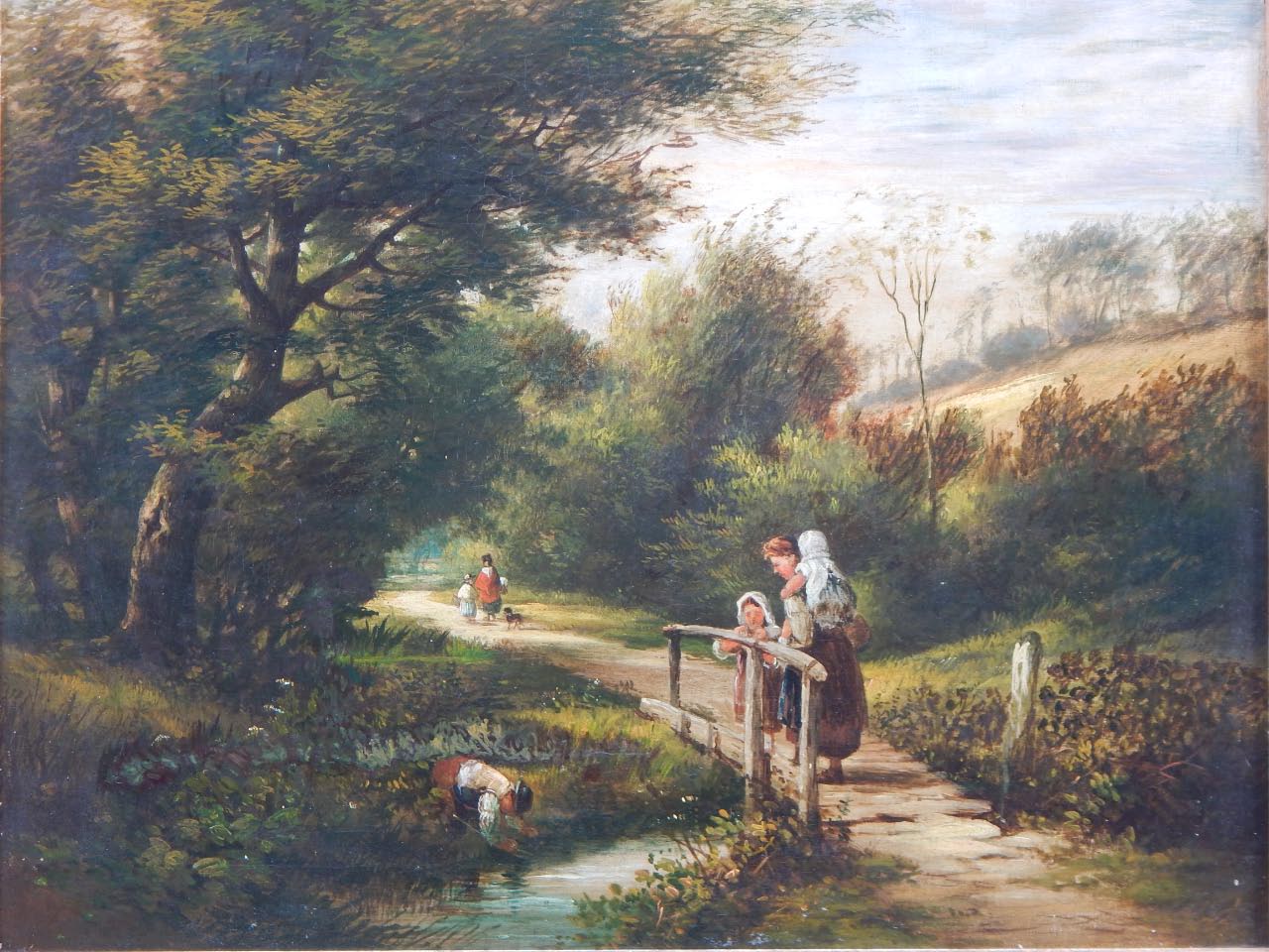 Appraisal: thC British School Country path scene with figures oil on