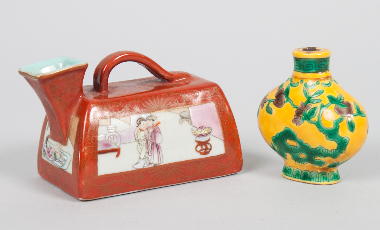 Appraisal: Chinese porcelain bordelaux and snuff bottle miniature famille rose bordelaux