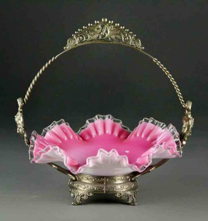 Appraisal: Pink Glass Wedding Bridal Basket Metal HolderScalloped rim pink clear