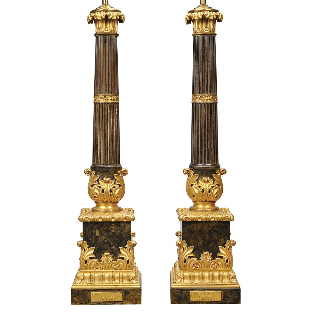 Appraisal: Pair of Louis Philippe Gilt and Patinated-Bronze Lamps Second quarter