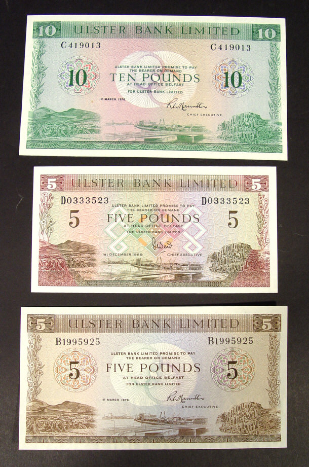 Appraisal: Ulster Bank Ltd Ireland ten pound note and two five