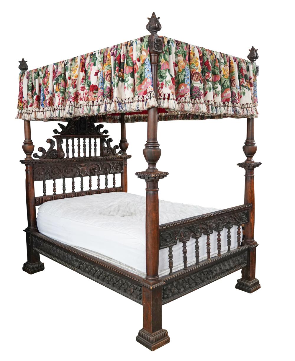 Appraisal: RENAISSANCE-STYLE CARVED WALNUT CANOPY BEDincorporating th-century elements with printed linen