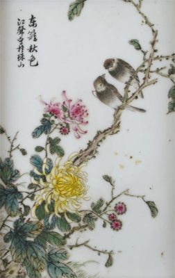 Appraisal: Two Chinese famille rose rectangular plaques painted with birds perched