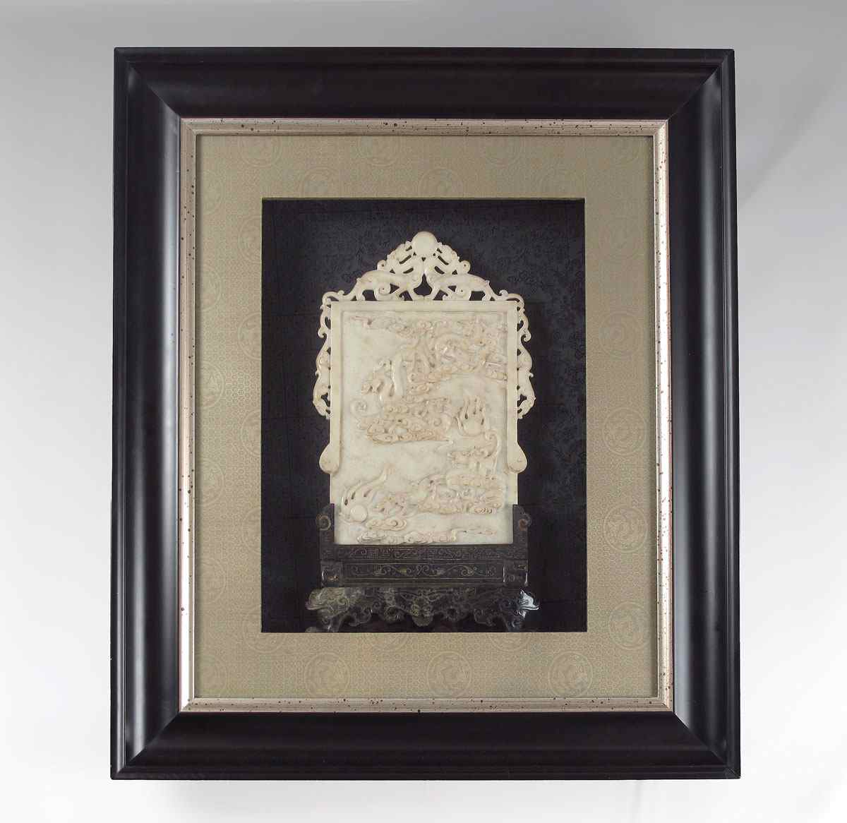 Appraisal: FRAMED CARVED SOAPSTONE TABLE SCREEN Carved soapstone table screen featuring