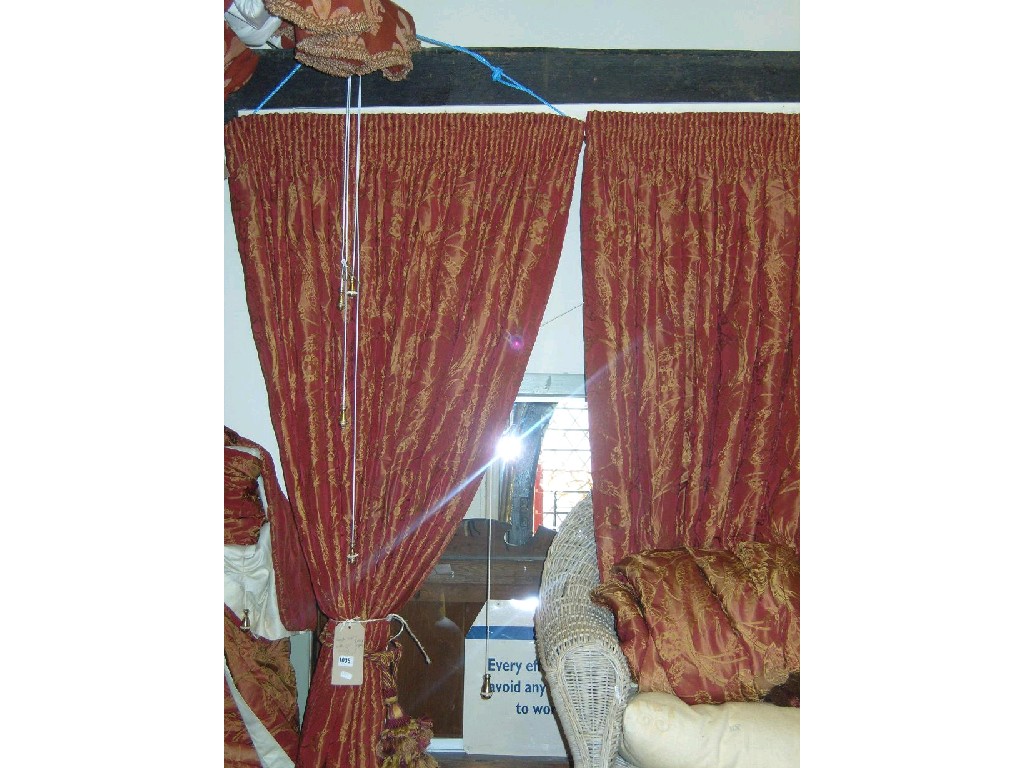 Appraisal: Two pairs of red silk effect curtains with gilt decoration