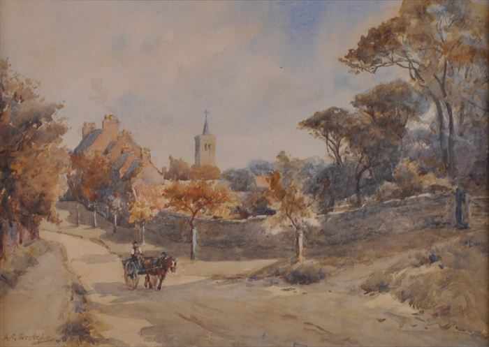 Appraisal: ALFRED GEORGE STEVENS - HORSE-DRAWN CART LEAVING A VILLAGE Watercolor