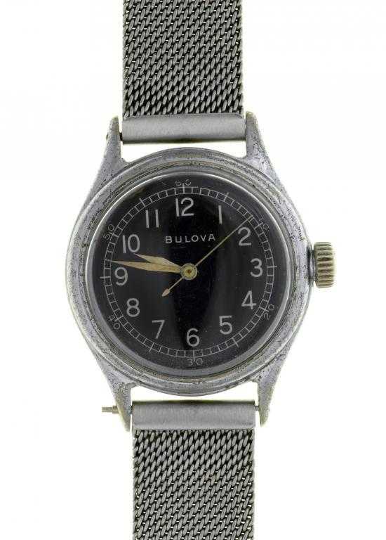 Appraisal: A BULOVA NICKEL PLATED WRISTWATCH the black dial with arabic