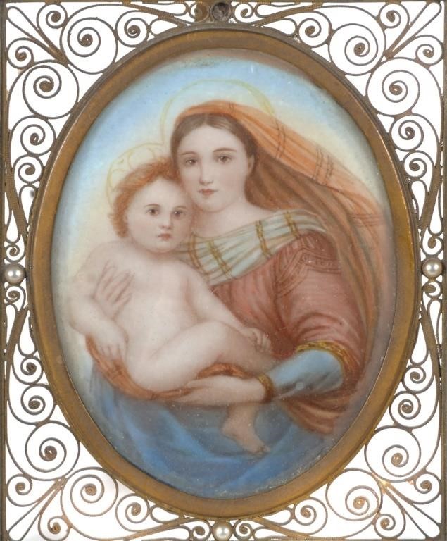 Appraisal: Antique handpainted miniature on ivory of Mary and the baby