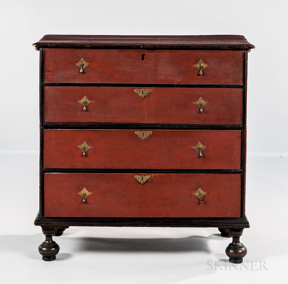 Appraisal: Red- and Black-painted Ball-foot Chest over Drawers Red- and Black-painted