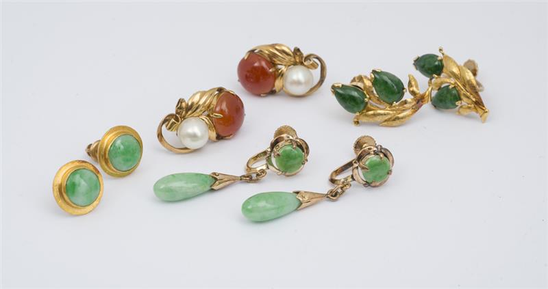 Appraisal: Three Pairs of k Gold and Jade Earrings and a