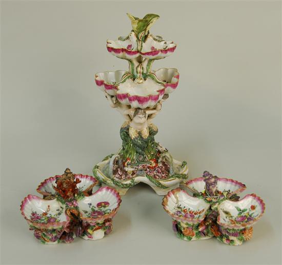 Appraisal: THREE PIECE ENGLISH PORCELAIN SHELL ENCRUSTED FIGURAL TABLE GARNITURE height