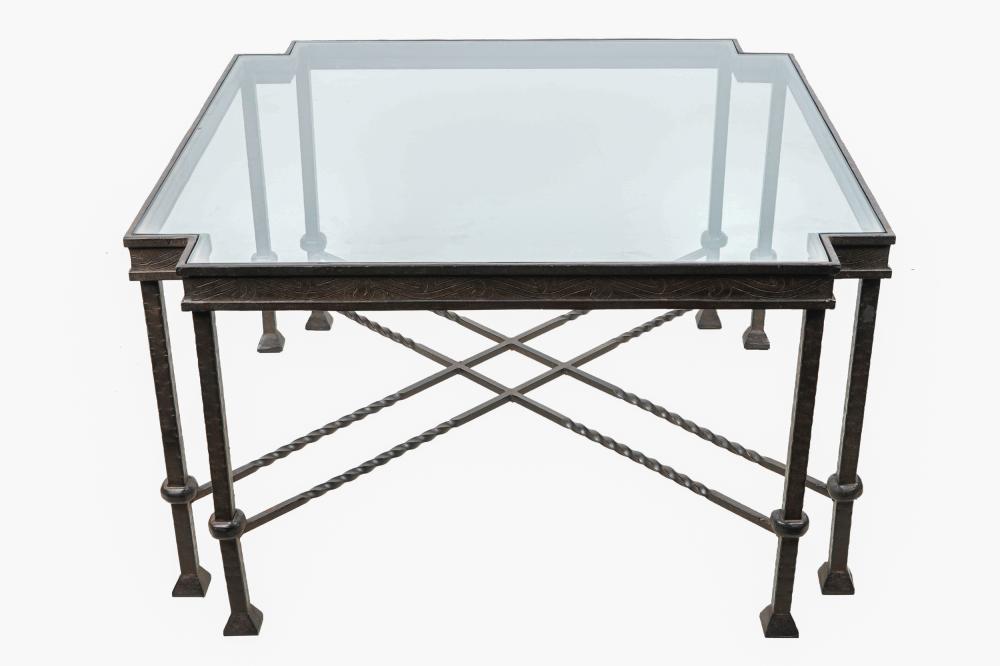 Appraisal: WROUGHT IRON GLASS COFFEE TABLEcontemporary inches square inches high Condition