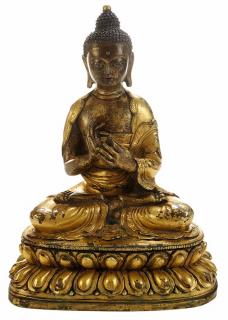 Appraisal: Sino-Tibetan Gilt Bronze Figure of a Seated Buddha Chinese Carved