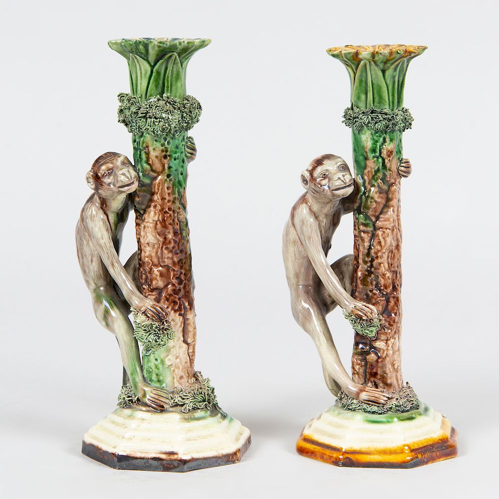 Appraisal: Pair of Jos Cunha Majolica Pottery Monkey Form Candlesticks Impressed