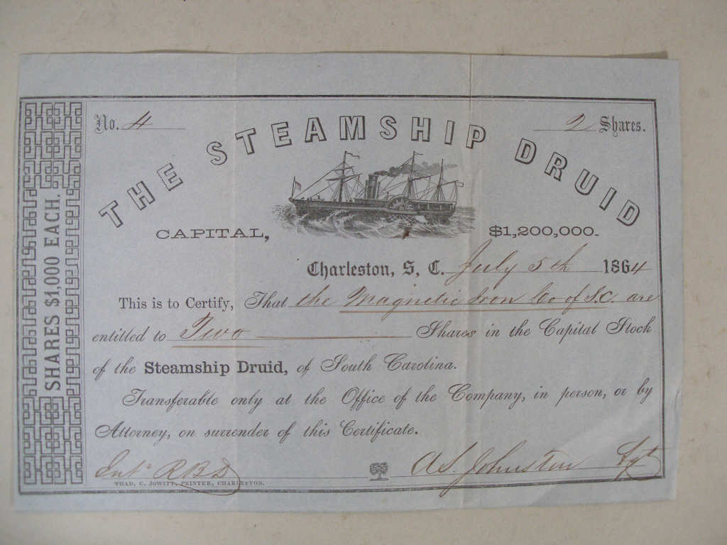 Appraisal: Confederate Blockade Runner Stock Certificate for Steamship Druid one page