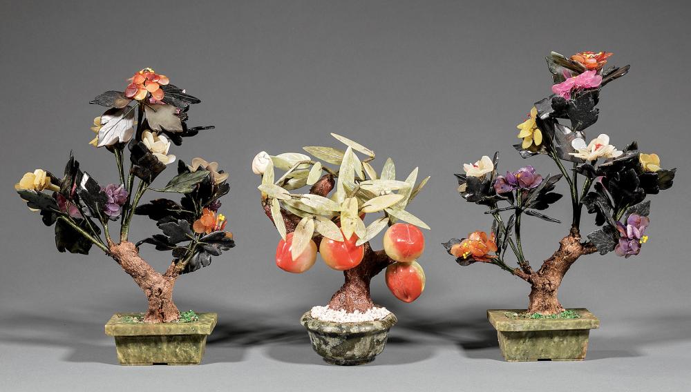 Appraisal: Three Chinese Hardstone Trees in Serpentine Pots incl pair with