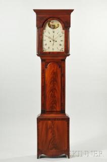 Appraisal: Scottish Mahogany Tall Clock c flat-top string-inlaid hood freestanding turned