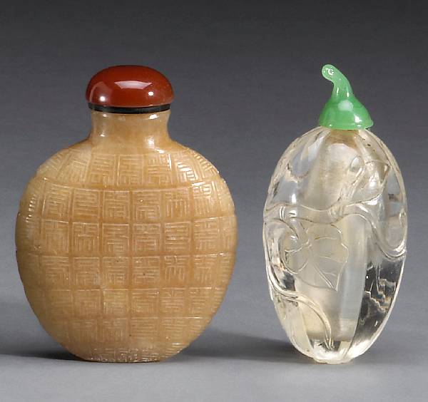 Appraisal: Two hardstone snuff bottles Late Qing Republic Period The first