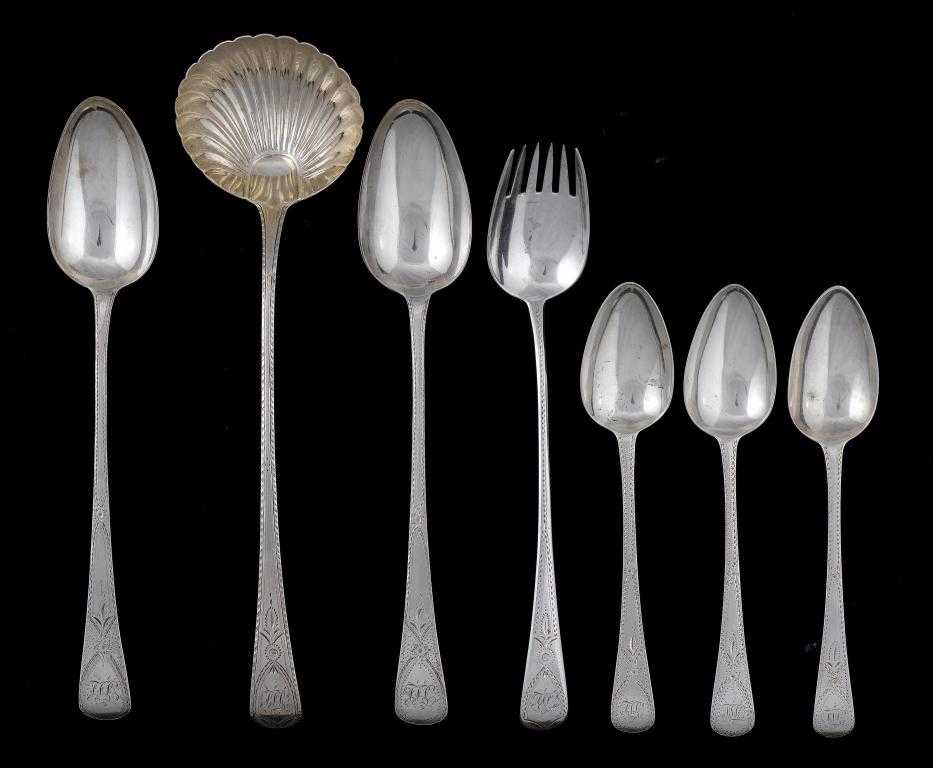 Appraisal: SEVEN PIECES OF FINE GEORGE III FLATWARE Bright Cut Old