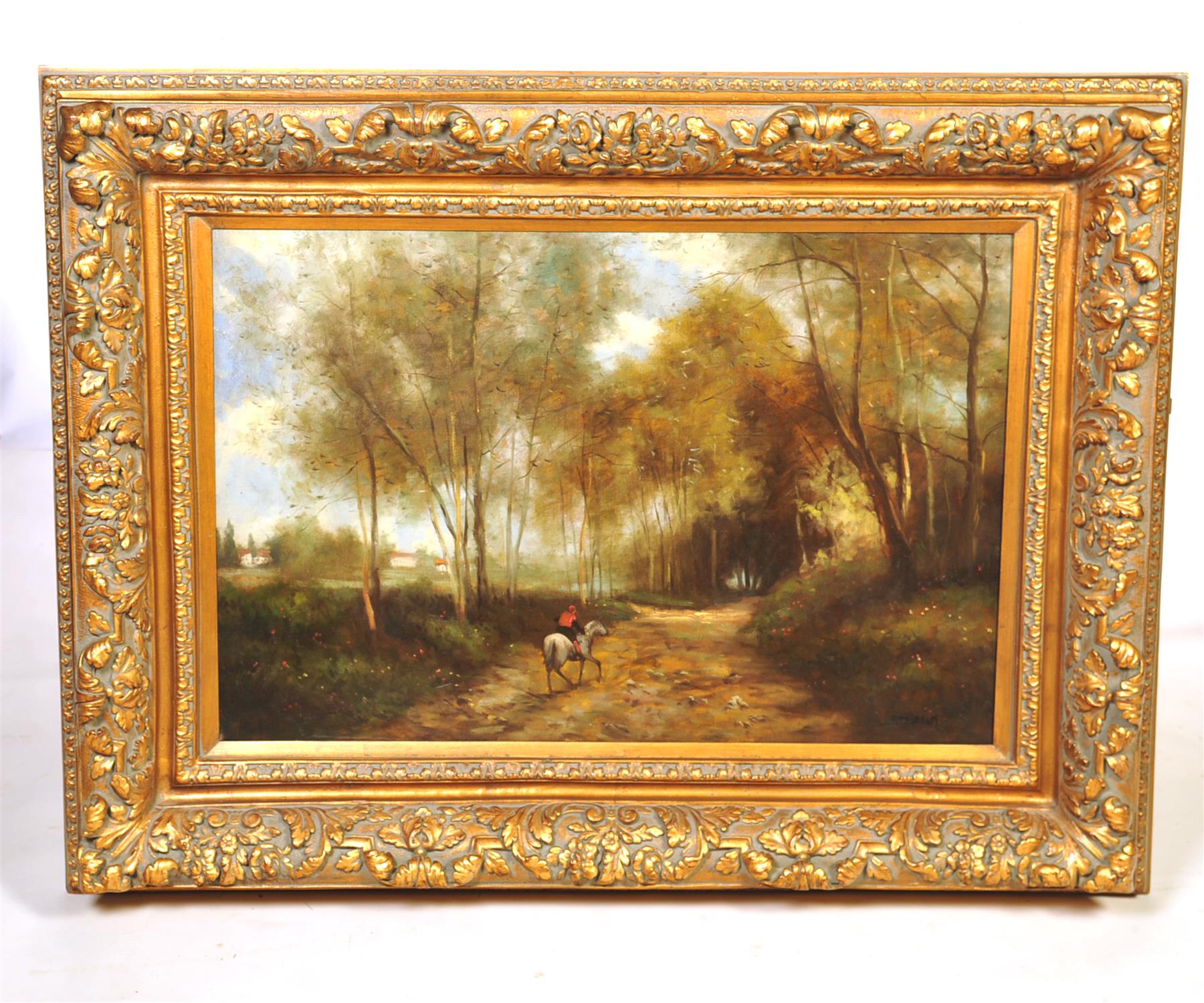 Appraisal: FRAMED OIL ON CANVAS LANDSCAPE SCENE WITH ILLEGIBLE SIGNATURE Twentieth