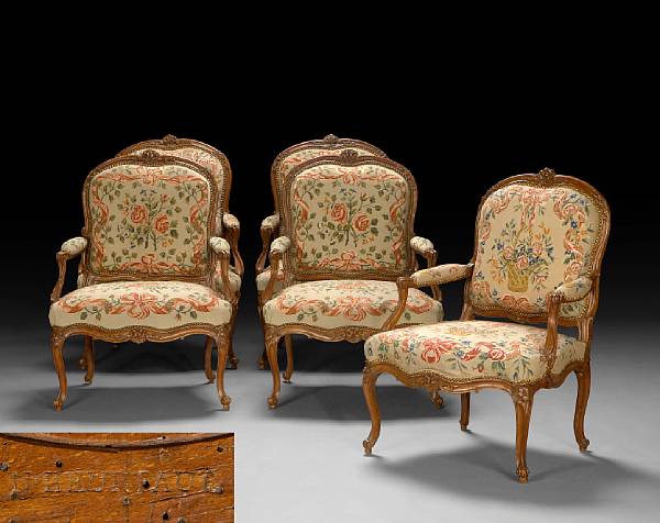 Appraisal: A set of five Louis XV carved walnut and needlepoint