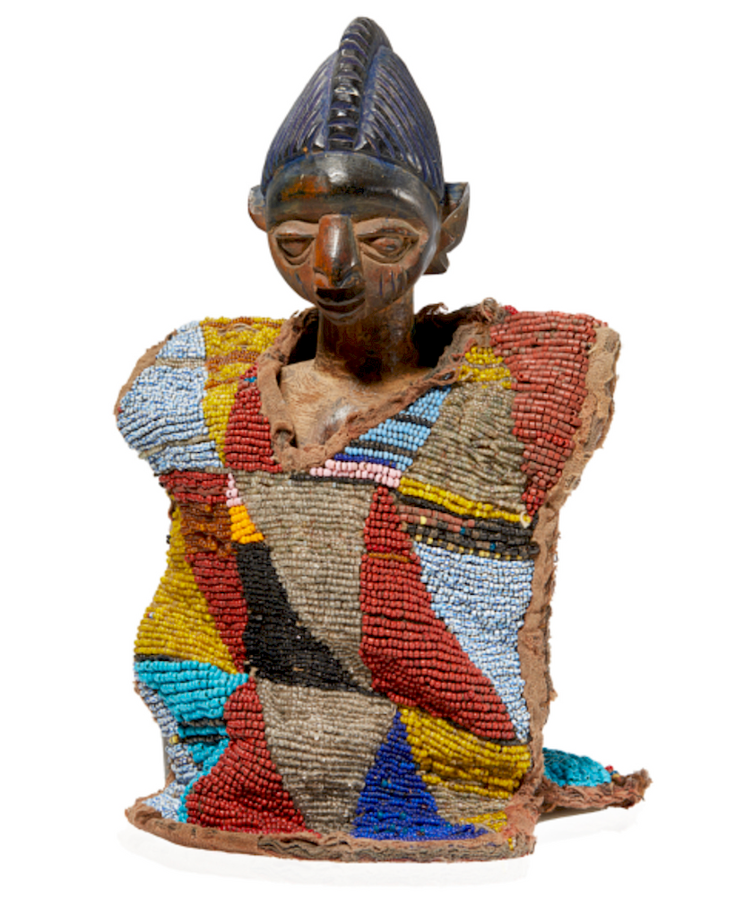 Appraisal: Yoruba Ibeji with Beaded Cloak Yoruba Nigeria Ibeji wood figure