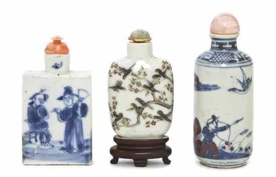 Appraisal: Three Porcelain Snuff Bottles one of rectangular form having figural