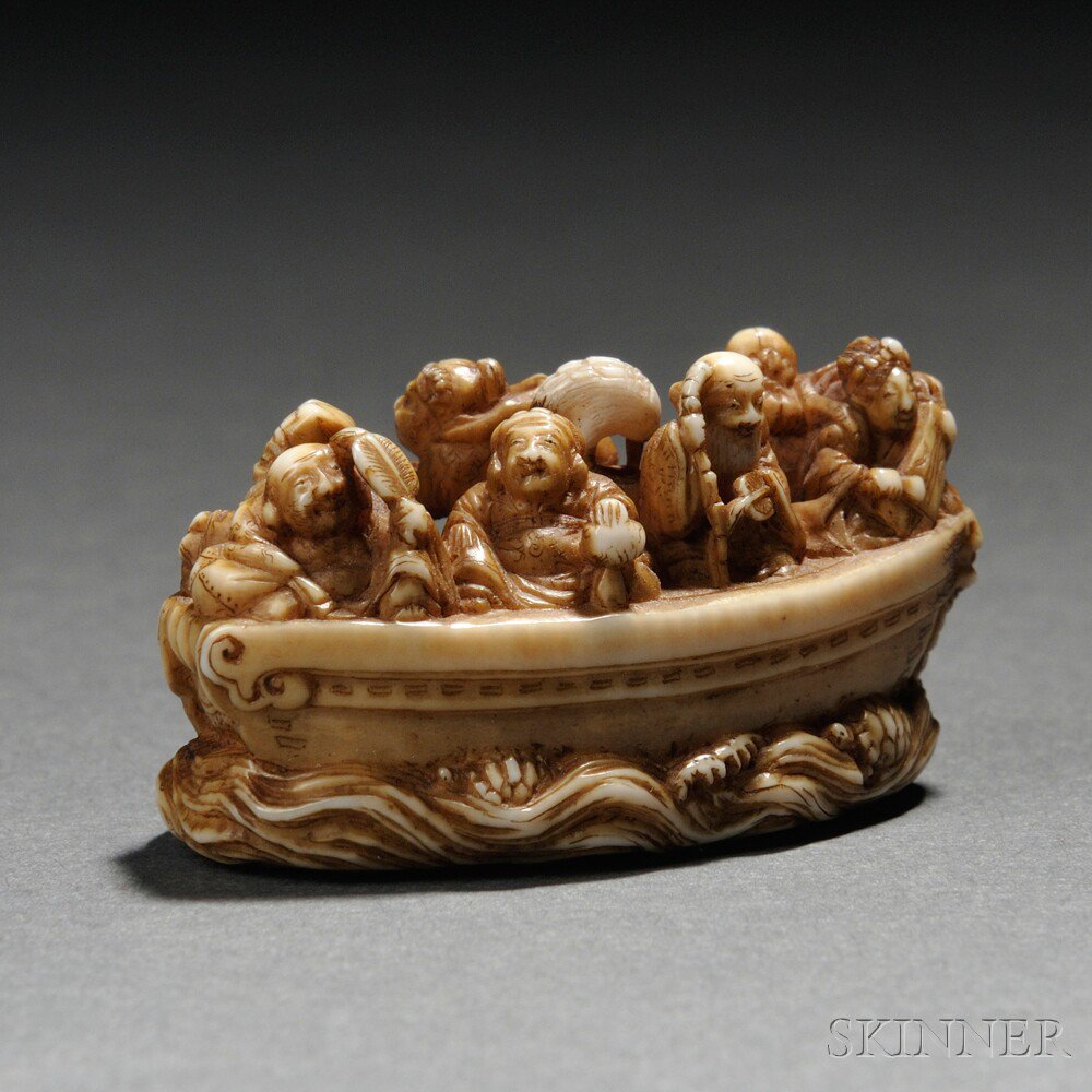 Appraisal: Ivory Netsuke of Seven Lucky Gods Japan th century riding