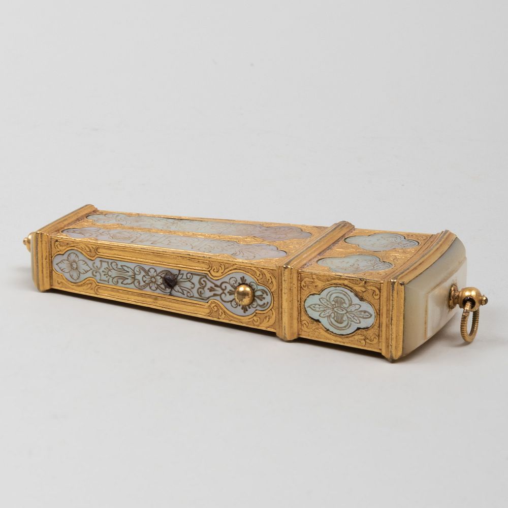 Appraisal: Continental Mother-of-Pearl Inlaid Gilt-Metal Wedge Shaped Necessaire With fitted interior