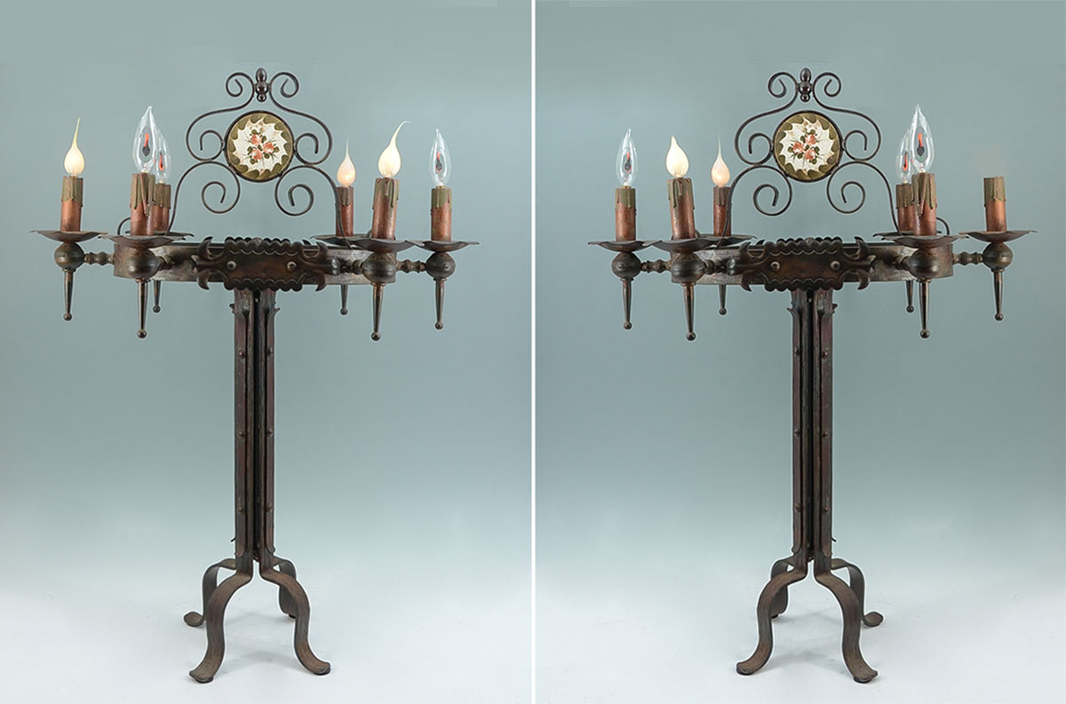 Appraisal: PAIR WROUGHT IRON GOTHIC REVIVAL TABLE LAMPS Wrought iron scroll