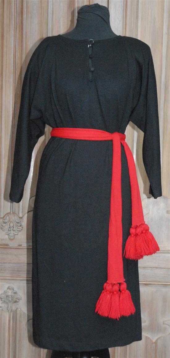 Appraisal: BLACL WOOL DRESS RED BELT Soft belt becomes scarf etc