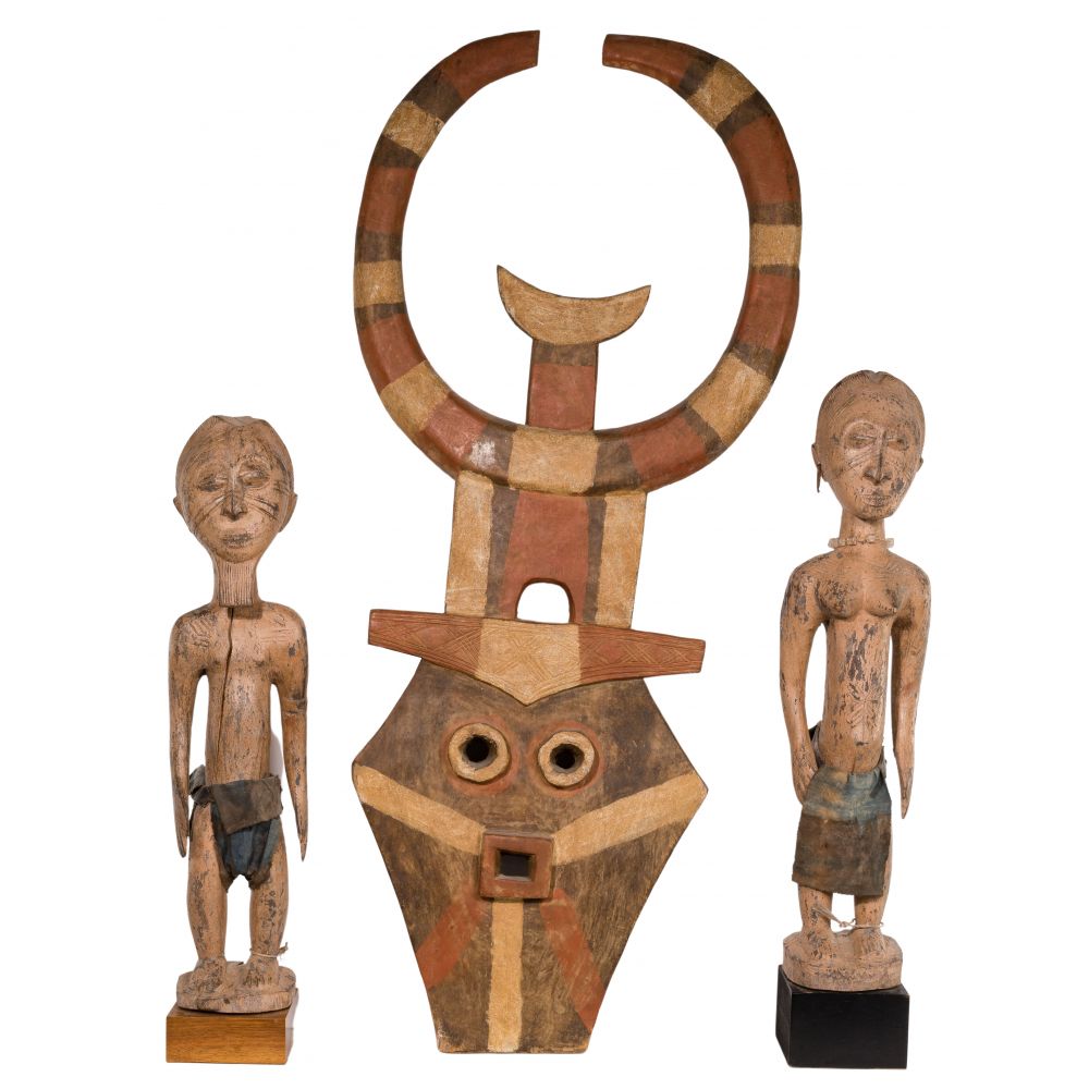 Appraisal: AFRICAN WOOD SCULPTURE ASSORTMENT items including Bahmeda painted carved sculptures