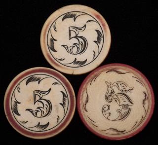 Appraisal: Three Five Dollar Ivory Poker Chips American ca Red rim