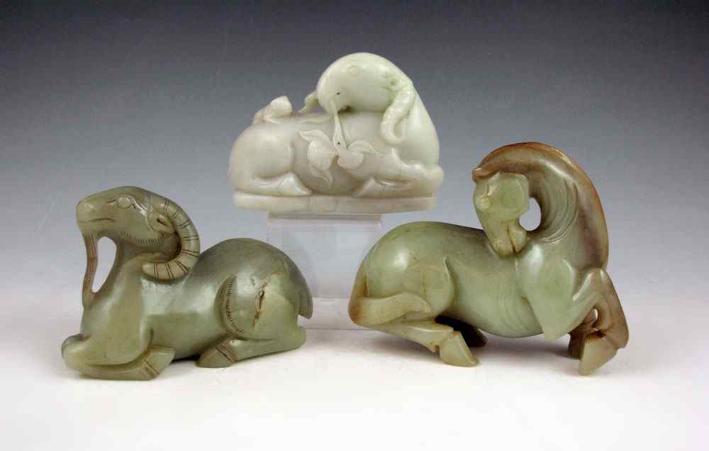 Appraisal: CHINESE HARD STONE FIGURAL CARVINGS HORSE RAMS Nephrite horse and