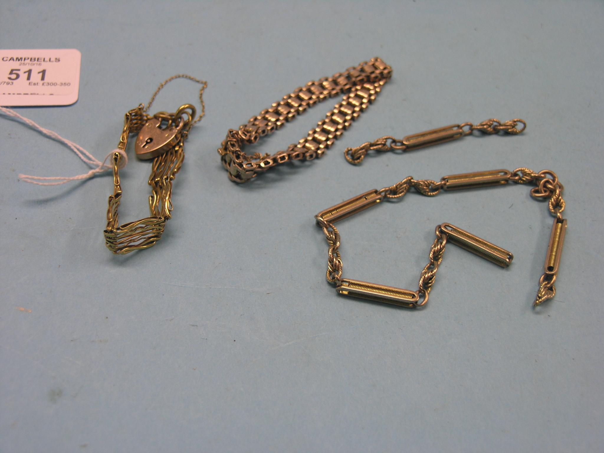 Appraisal: Two ct gold bracelets one gate-link with padlock clasp grams